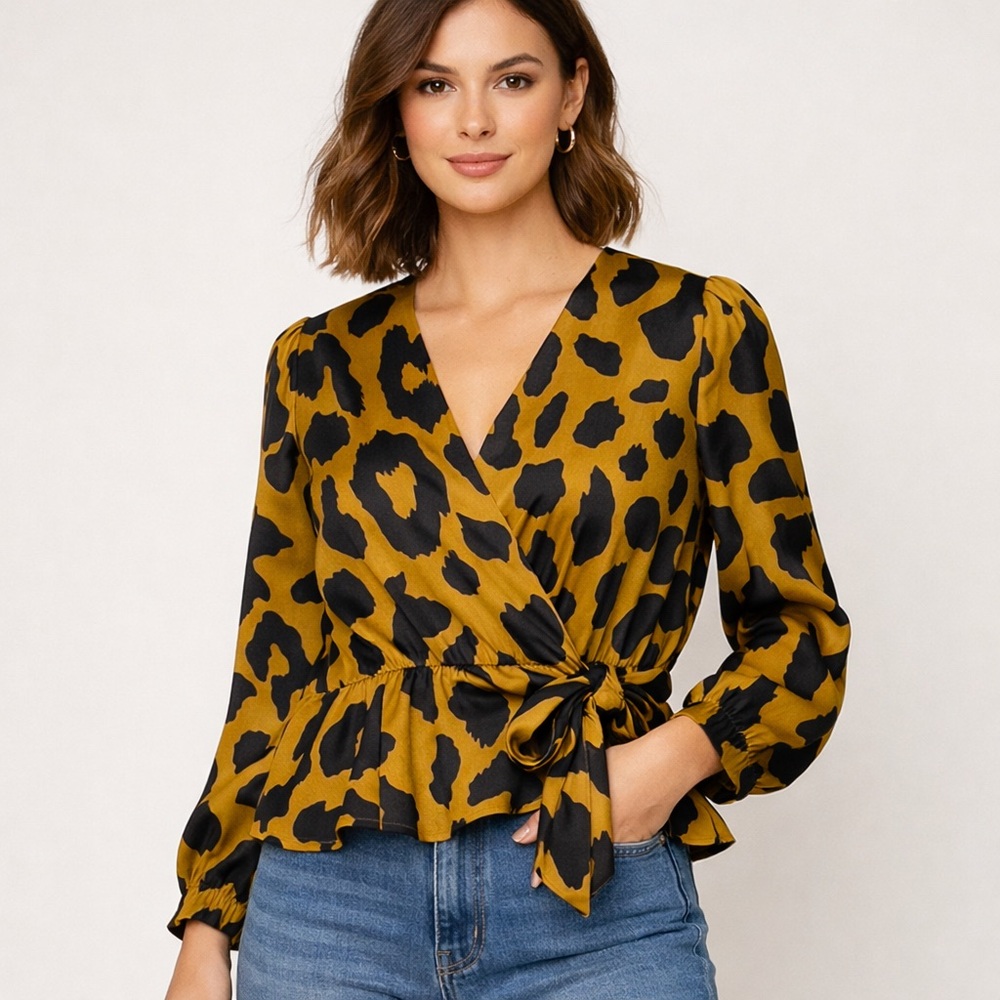 Moon River Anthropologie Leopard Wrap Peplum Blouse L Gold Black